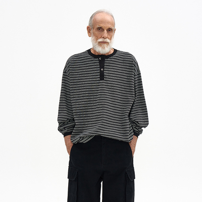 复古条纹亨利领休闲长袖T恤