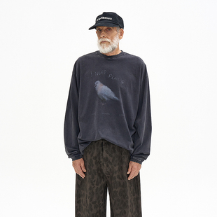 水洗做旧和平鸽印花T恤 韩国正品 PARTIMENTO 复古棉质长袖上衣男