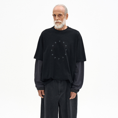 复古假两件条纹撞色长袖T恤