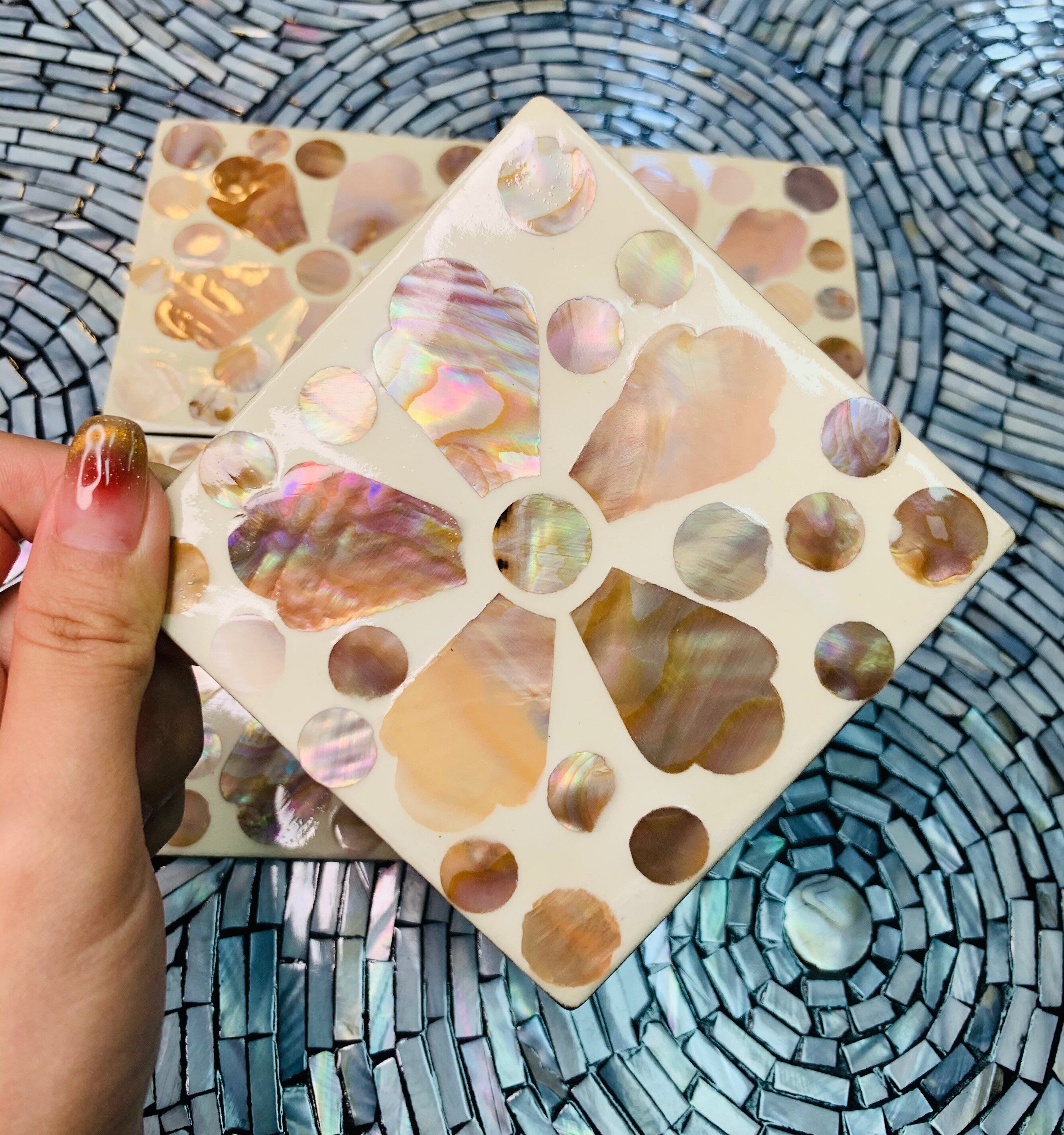 手工天然彩贝壳镶嵌天然贝母蝴蝶花款餐碟杯垫隔热垫子10*10cm