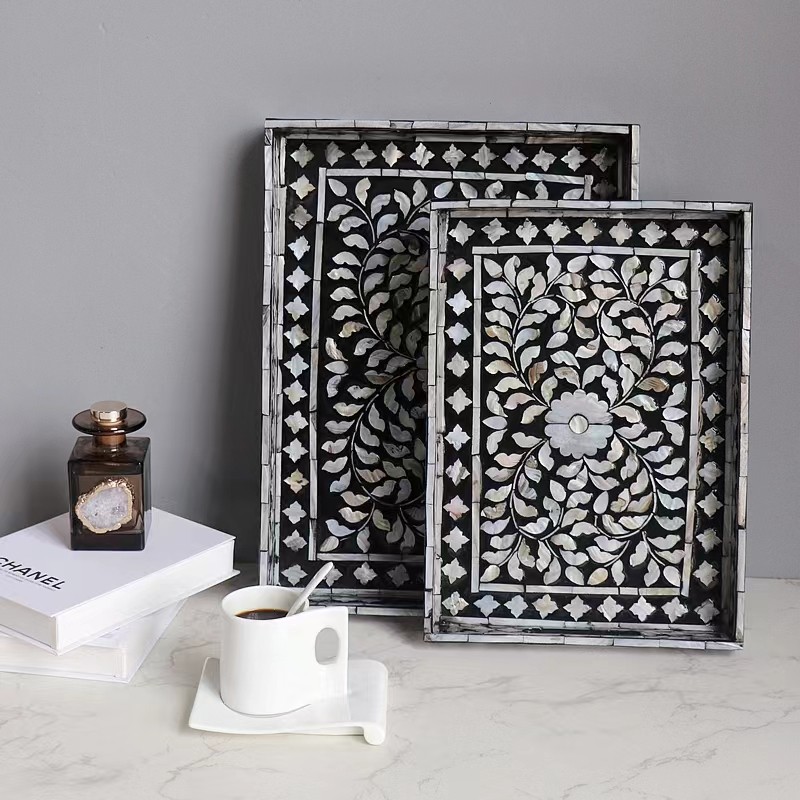 全彩贝壳镶嵌轻奢黑白玉长方形果盘果篮茶托盘,餐饮具,果盆/果盘/果篮,淘宝优惠券,粉丝福利购,淘宝优惠卷