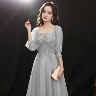 高端灰色钢琴音乐生艺考生成人礼长款礼服裙生日宴会主持人连衣裙