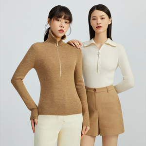 白领哥弟新款2023秋季修身坑条拉链翻领毛衣羊毛针织衫女A300996
