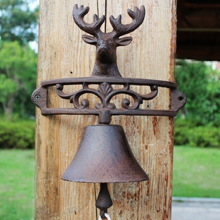 吉祥鹿头复古铸铁门铃手摇铃铛 欧式 花园店铺装 饰壁挂开业礼物