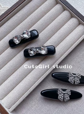 CuteGirl studio韩国新品春季黑色一字夹亮钻蝴蝶结对夹发夹碎发