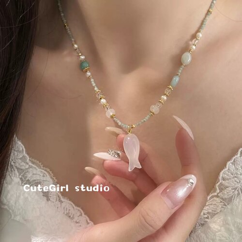 Cutegirlstudio法式简约水晶复古小鱼项链女甜美韩式鱼吊坠锁骨链
