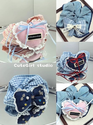 Cutegirl studio韩系新款牛仔大肠圈镶钻KT猫蝴蝶结可爱减龄发圈