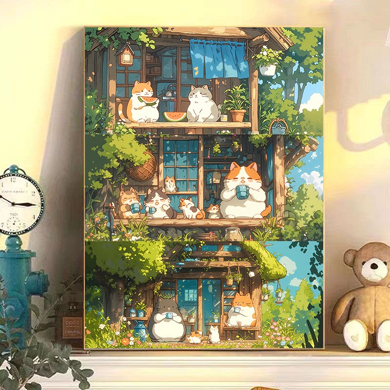 夏日时光风景卡通猫咪装饰画治愈