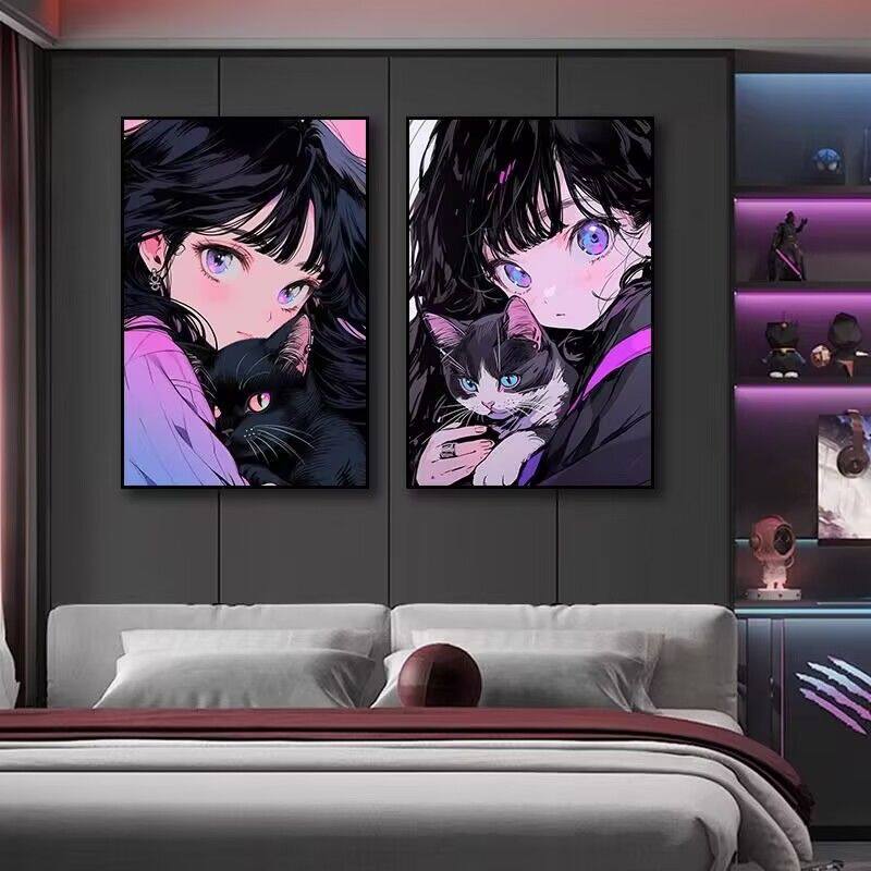 动漫女孩猫咪电竞房间卡通挂画