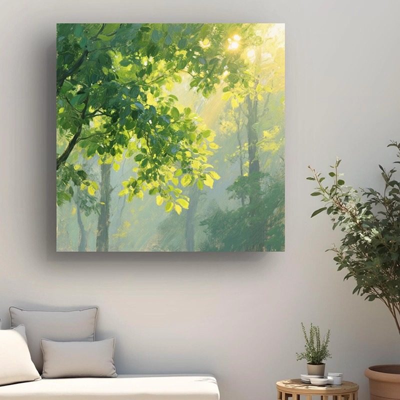 绿色清新客厅沙发奶油风高级感装饰画方形花卉风景背景墙玄关挂画