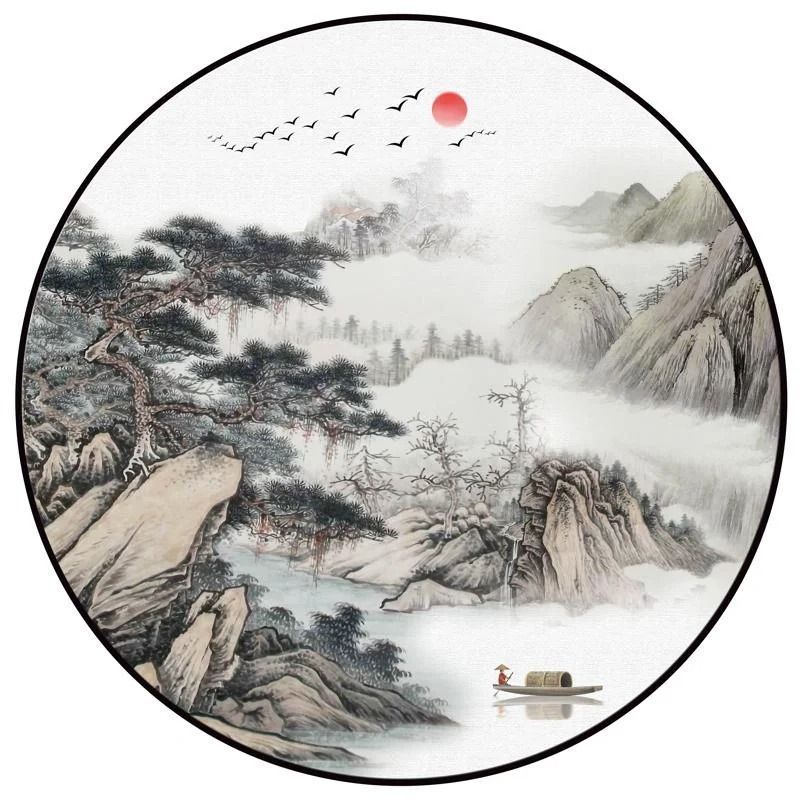 新中式迎客松圆形装饰画客厅玄关贴卫生间自粘防水不干胶贴纸图片
