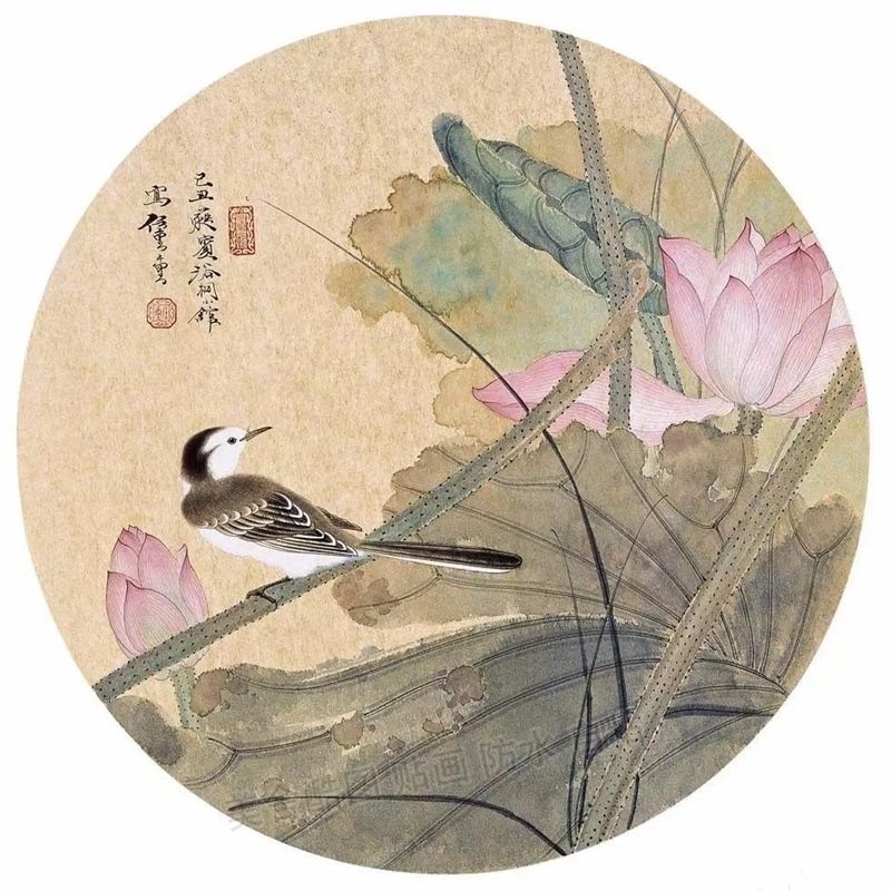 国画花鸟图圆形装饰贴画客厅卧室玄关墙上贴卫生间门窗不干胶贴纸图片