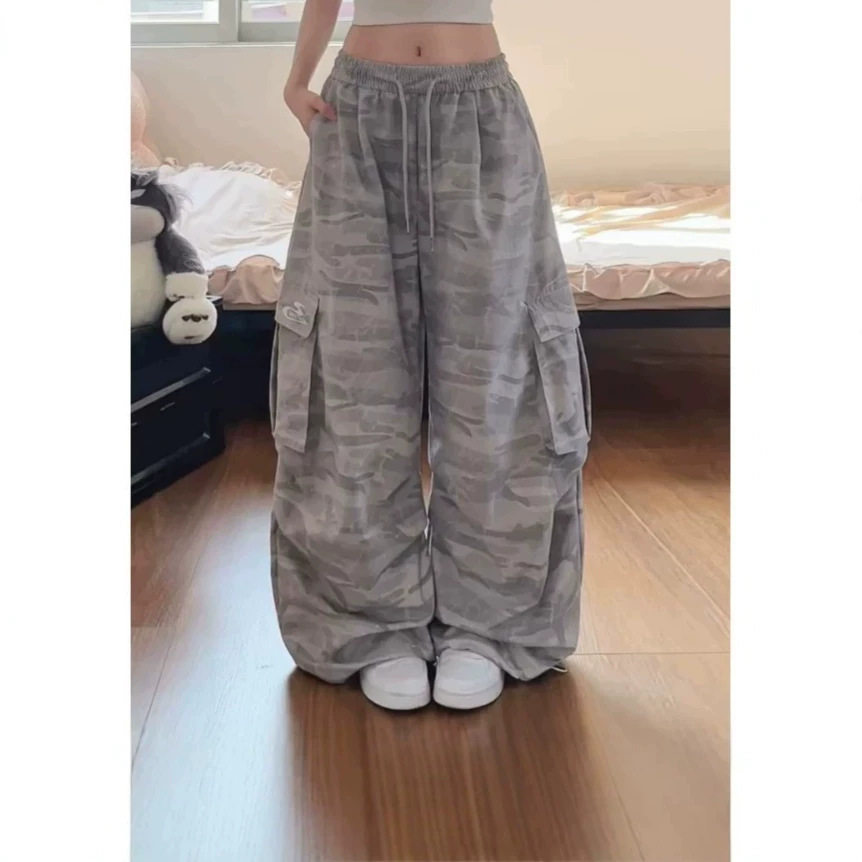 AGuuY 美式辣妹迷彩工装裤女宽松显瘦褶皱爵士舞阔腿弯刀休闲裤子