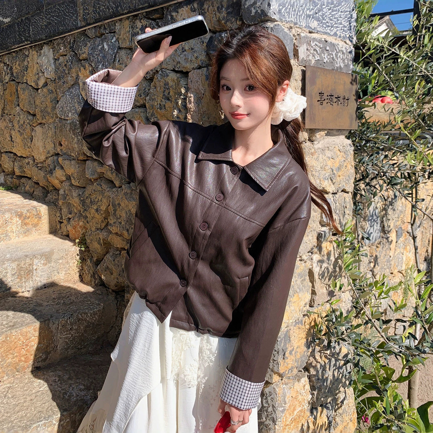 2026秋冬季韩系休闲翻领皮衣女超好看高端皮夹克短款派克服上衣
