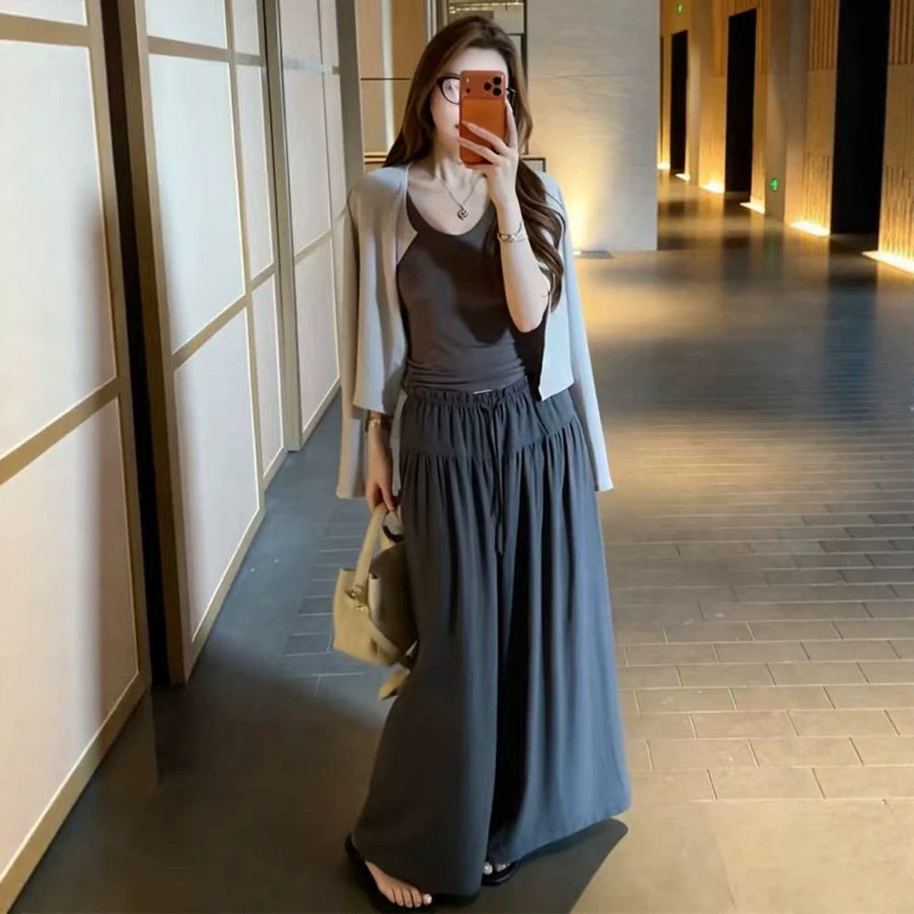 慵懒风防晒开衫三件套女2026夏季新款吊带背心休闲高腰阔腿裤套装