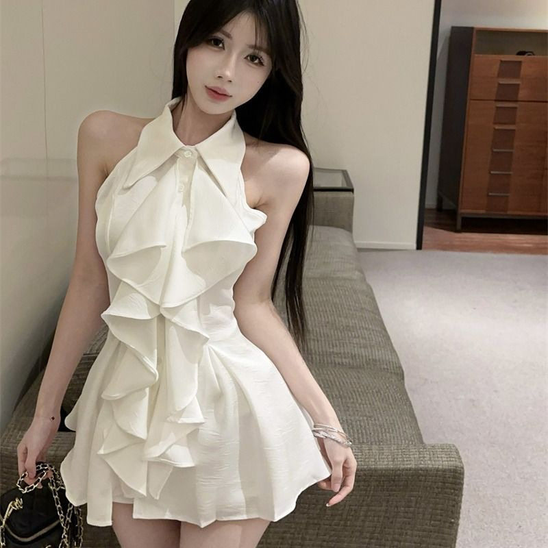 白色荷叶边polo领无袖衬衫上衣女夏季法式气质中长款收腰修身衬衣