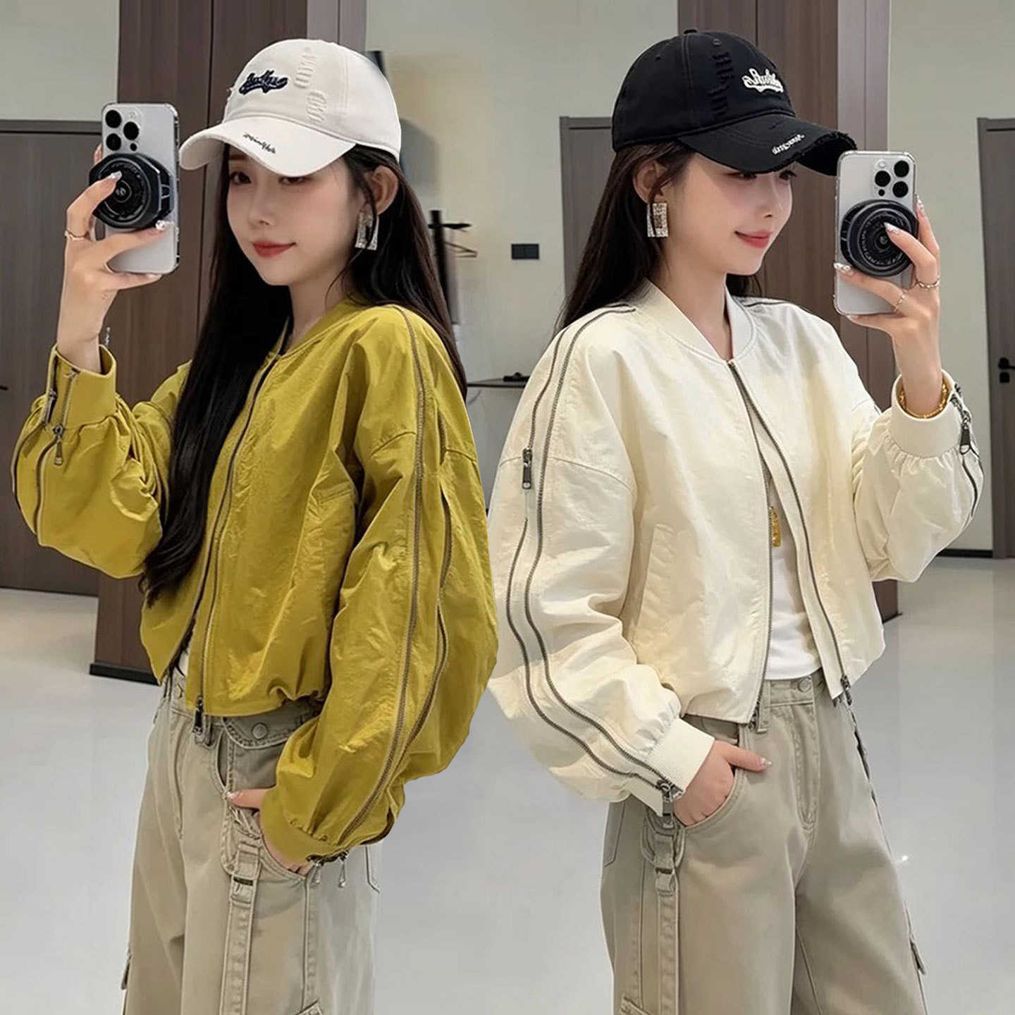 短款外套女2026春装新款高端欧货阔版缝褶袖拉链拼接网红飞行夹克