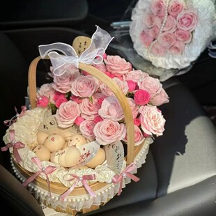 月子鸡蛋鲜花篮子手提手工木片编织提篮送产妇水果成品网红田园篮