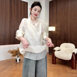 声雨竹大尺码新中式国风旗袍领一粒扣长袖衬衫女早春新款胖mm显瘦
