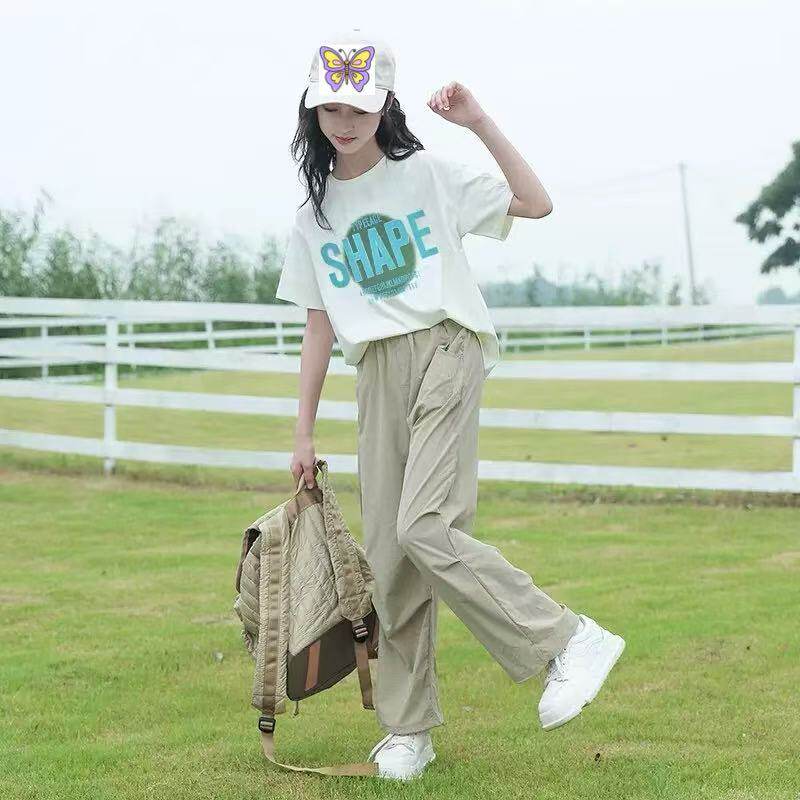 童装女童宽松休闲套装2026夏季新款中大童运动皱褶薄款短袖两件套