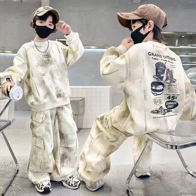 儿童2025春秋新款长袖套装中大童痞帅炸街工装衣服男童运动两件套