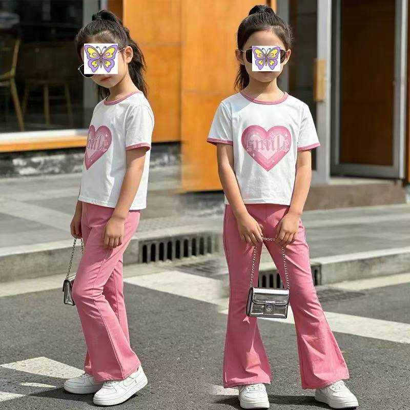 女童夏装套装2026新款洋气网红爱心短袖时尚喇叭裤儿童时髦两件套