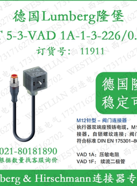 lumberg德国隆堡M12针型阀门连接器RST 5-3-VAD 1A-1-3-226/0.6M