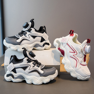 休闲小白鞋 儿童运动鞋 女童老爹鞋 2025春秋男童旋转纽扣跑步鞋 新款