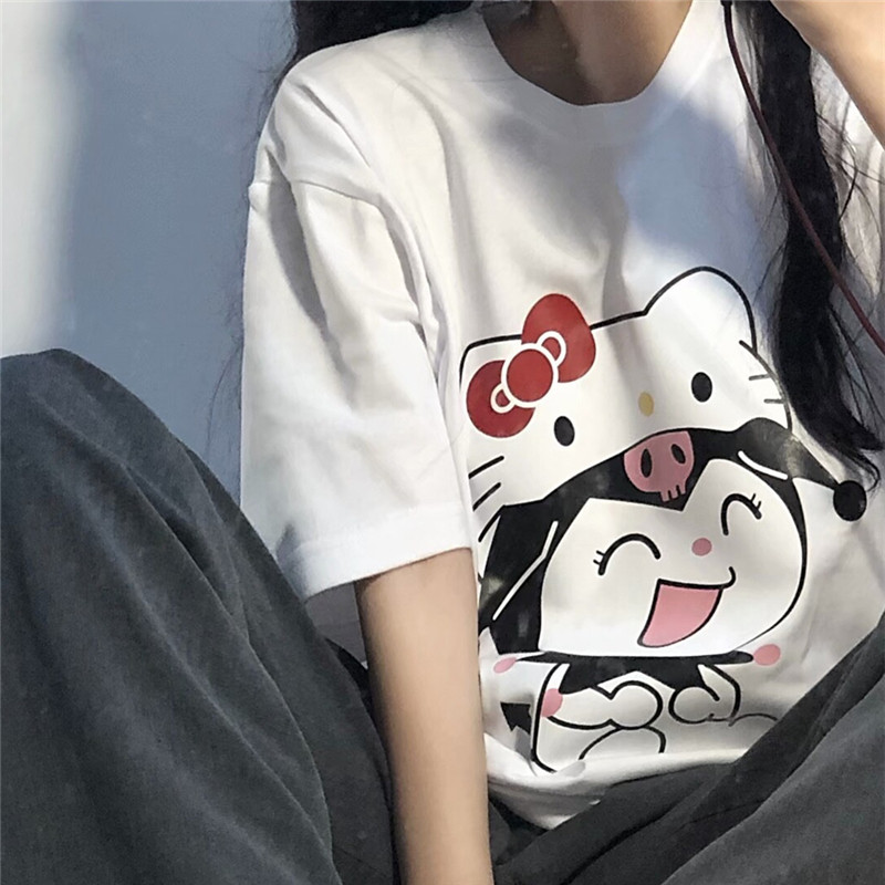 纯棉短袖t恤女ins潮夏季宽松设计感日系可爱库洛米凯蒂猫软妹上衣