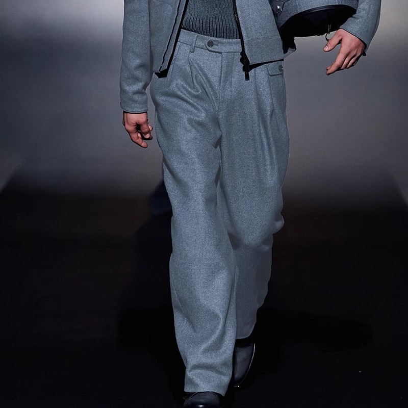 男士秋冬走秀款重磅宽松直筒阔腿裤保暖羊毛呢西裤呢子商务休闲裤