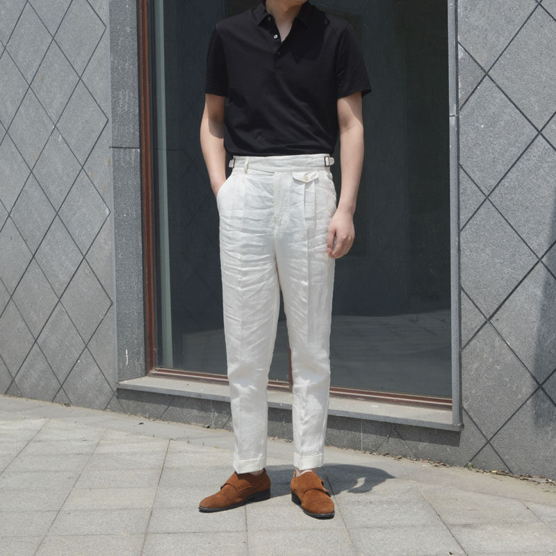 透气亚麻料 男士夏季宽松双褶廓尔格休闲裤子 巴黎扣意式九分裤男