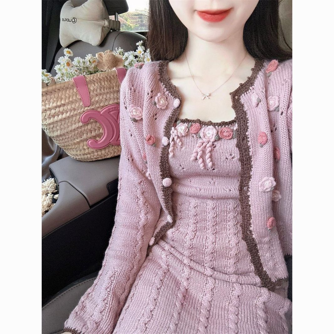 【两件套】古着小众显瘦开衫外套连衣裙