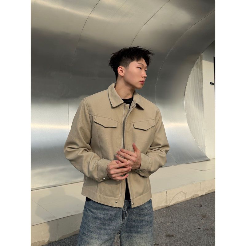 BWIN/秋装复古哈灵顿解构皮衣夹克男女通勤休闲简约短款翻领夹克