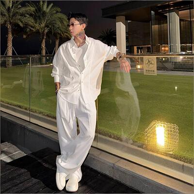 OXFREAK「丝光天丝混纺」老钱风套装男春季长袖衬衫直筒宽松裤子