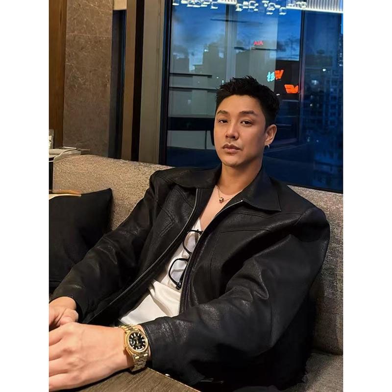 宋春江服装店SONGCRAFT 复古翻领PU皮夹克男短款机车夹克工装外套