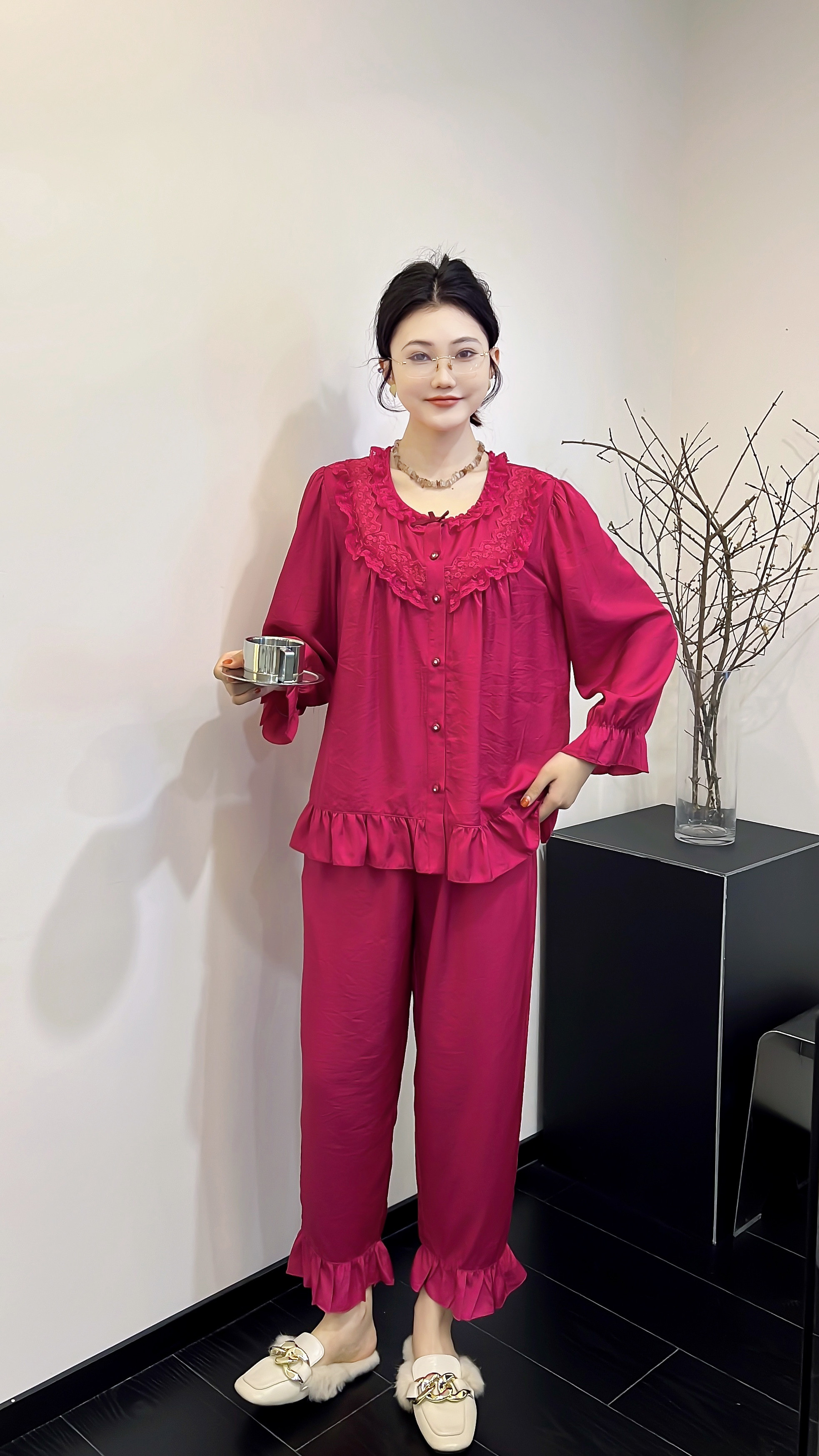 天丝麻蕾丝睡衣女士春秋季火龙果睡衣/家居服套装