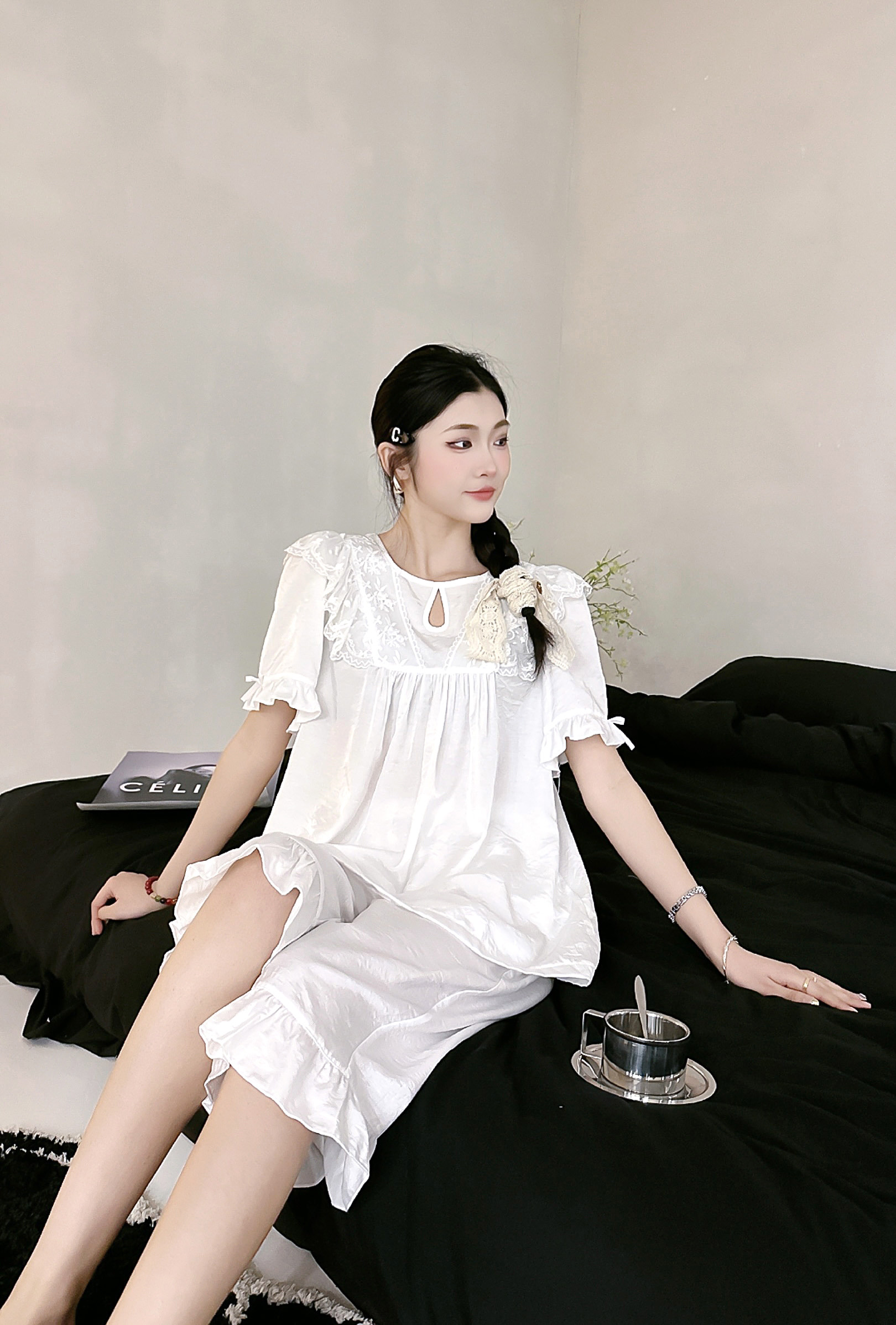 天丝麻女士家居服圆领白色女款睡衣新款半袖七分裤韩版法式爆款