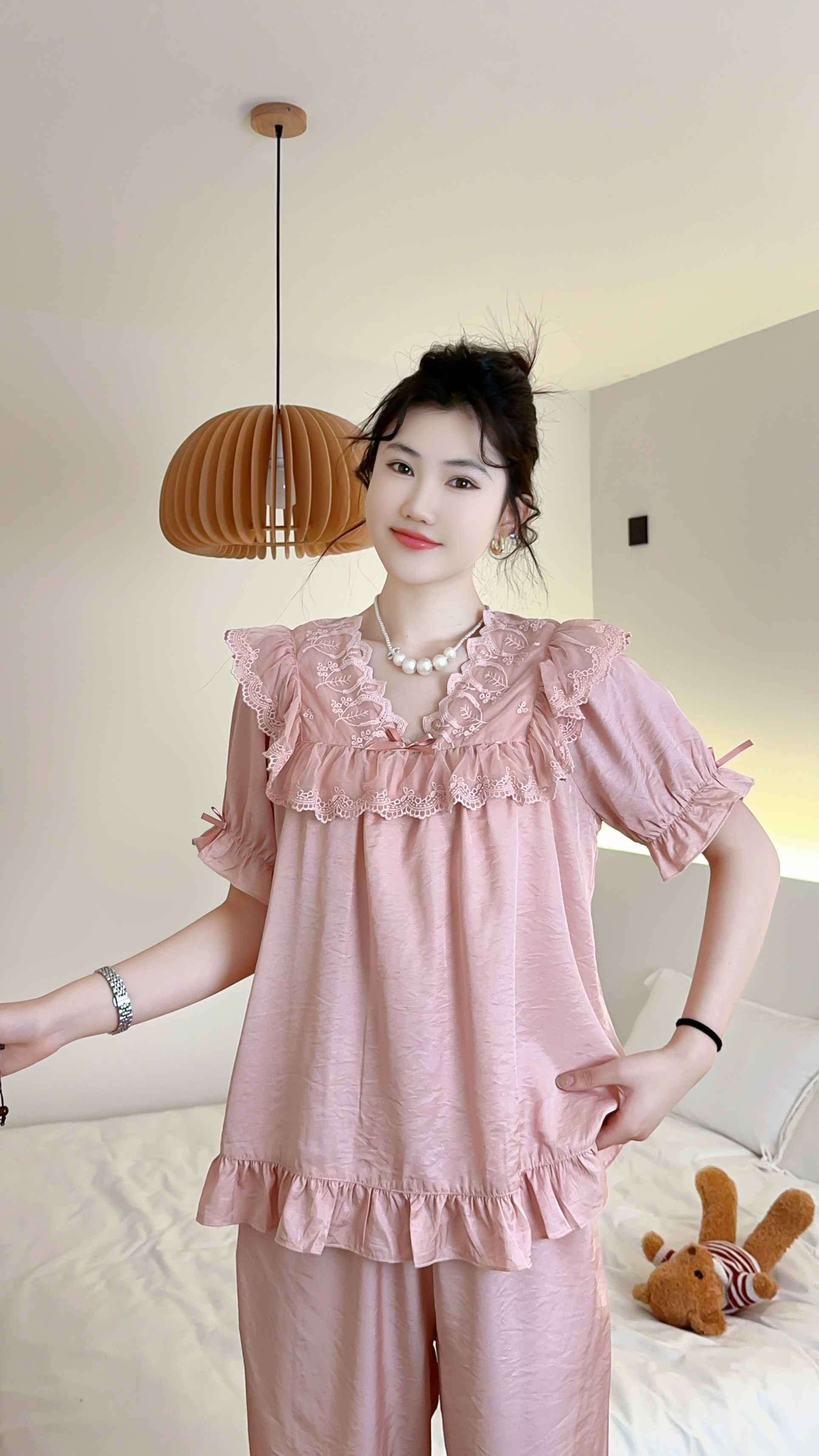 天丝麻2025春夏新款睡衣女款夏季短袖韩版可爱七分裤家居服套装