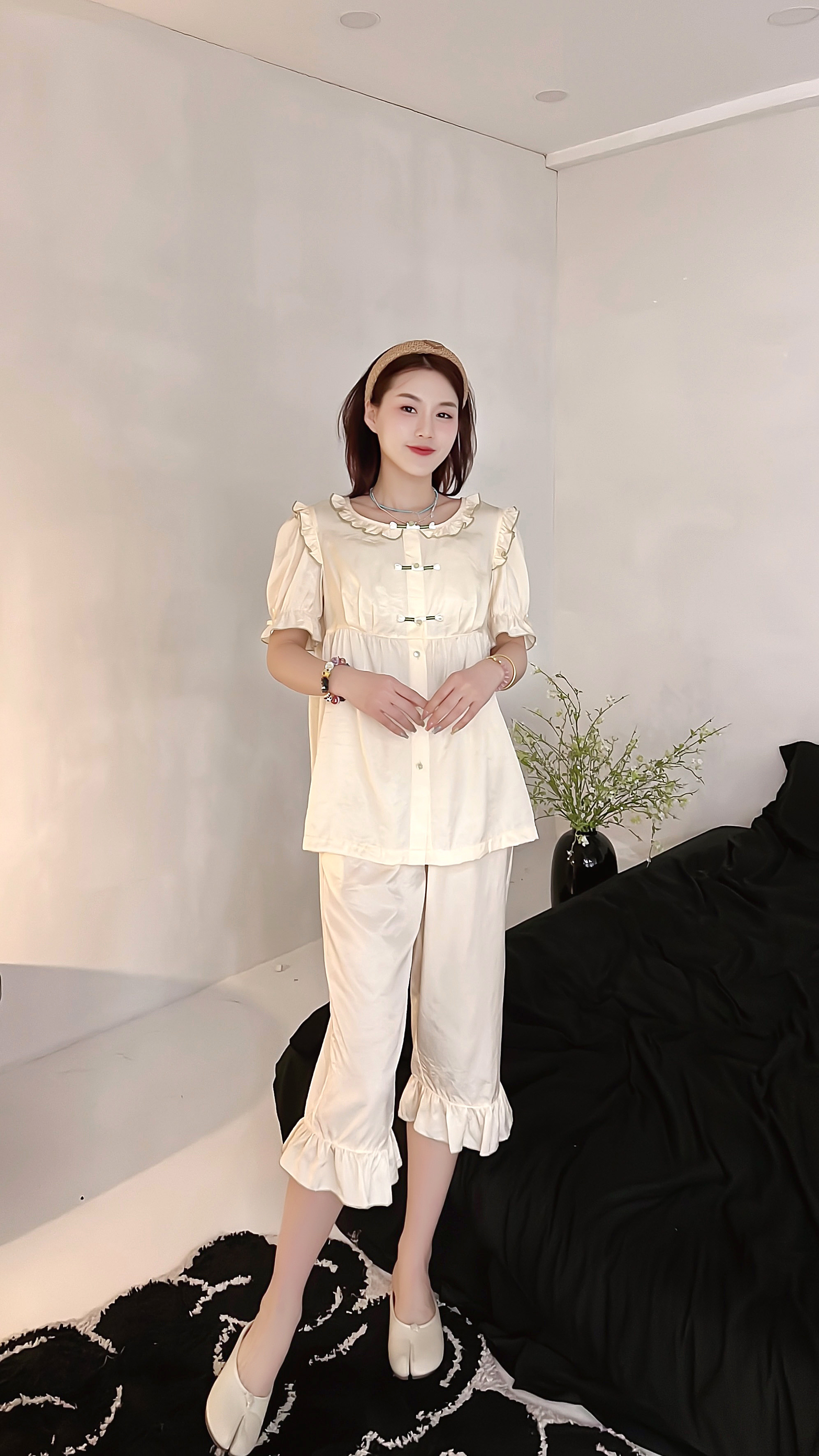 天丝麻睡衣女2024春夏新款套头女款半袖七分裤珍珠白韩版法式包邮