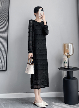 法式气质肌理感蕾丝长袖连衣裙女2023秋季新款黑色修身显瘦长裙子