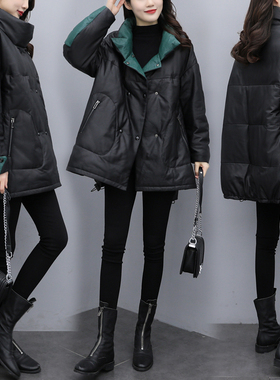 2023新款冬季中长款韩版时尚洋气大码宽松黑色PU皮皮羽绒服外套女