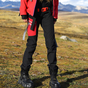 北京森林户外秋冬拼色显瘦加厚保暖徒步登山防风防水抓绒软壳裤 女