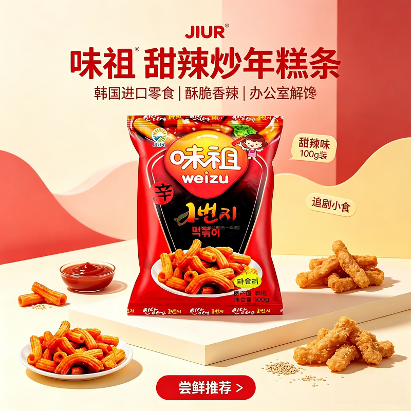 九日味祖辣炒年糕条韩式脆条膨化零食韩国进口空心脆高端薯片薯条