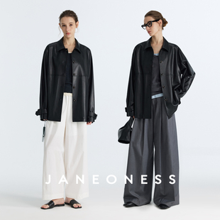皮衣外套女 口宽松廓形中长款 JANEONESS 复古环保PU皮翻领可调节袖