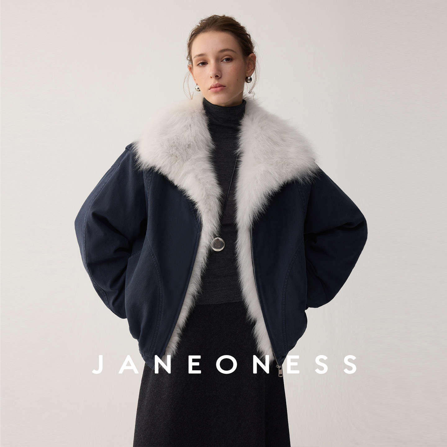 JANEONESS 可拆卸撞色狐狸毛领90白鸭绒拉链派克皮草羽绒服外套女
