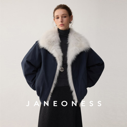 JANEONESS 可拆卸撞色狐狸毛领90白鸭绒拉链派克皮草羽绒服外套女