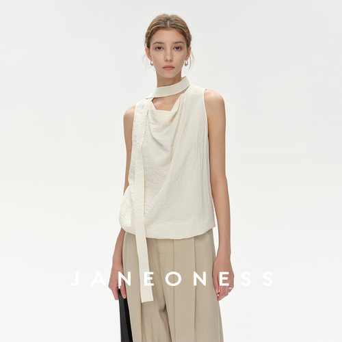 JANEONESS 简约皱感桑蚕丝混纺宽松荡领飘带领无袖上衣背心夏季女
