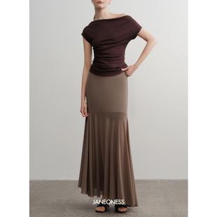 JANEONESS 垂坠褶皱透视感网纱半裙轻柔灵动拼接显瘦不规则半身裙