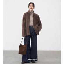 JANEONESS 立领羊羔绒外套女秋冬羊毛皮毛一体宽松百搭毛绒短外套