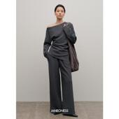 女春季 褶皱一字领露肩上衣百搭慵懒阔腿裤 斜肩收腰套装 JANEONESS